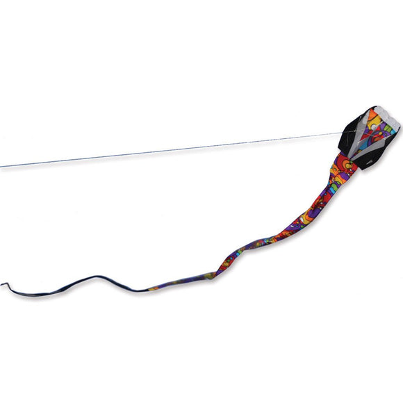 The Travel Parafoil Rainbow Orbit by PREMIER Kites features a colorful design depicting vibrant rainbow patterns. It's lightweight and comes with a string, perfect for outdoor flying fun in different weather conditions.