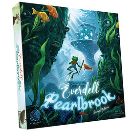 Everdell: Pearlbrook Expansion game box featuring vibrant underwater artwork. A frog character stands with a staff, surrounded by colorful fish and lush aquatic plants against a dreamy blue backdrop.
