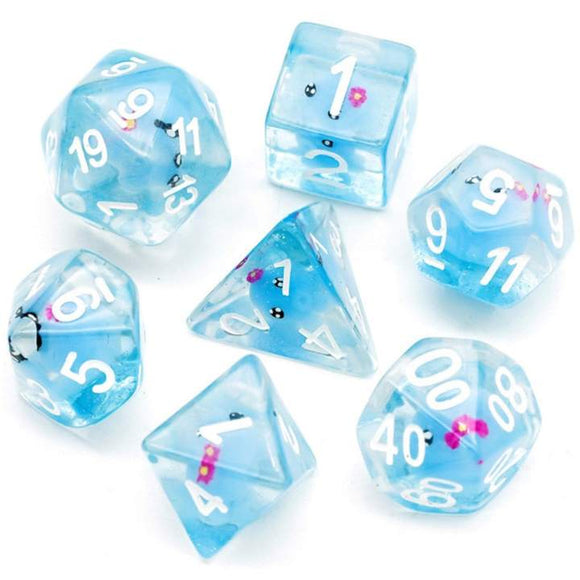 A vibrant Blue Octopus RPG Dice Set featuring seven dice in various shapes, including d4, d6, d8, d10, d12, d20, and a percentile die. Each die is made of translucent blue material with white numbers and playful designs, making them a perfect addition for tabletop gaming enthusiasts.