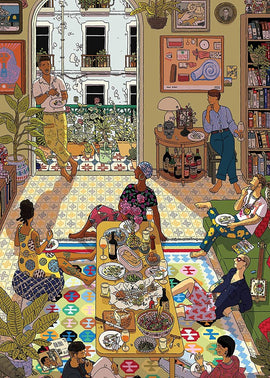 A vibrant and detailed illustration of a lively gathering around a dining table filled with various dishes, drinks, and decor. People of diverse backgrounds are engaged in conversation, laughter, and food. The setting features an open door showcasing a garden view, while plants adorn the interior, enhancing the warm, inviting atmosphere.