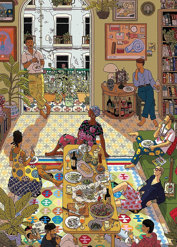 A vibrant and detailed illustration of a lively gathering around a dining table filled with various dishes, drinks, and decor. People of diverse backgrounds are engaged in conversation, laughter, and food. The setting features an open door showcasing a garden view, while plants adorn the interior, enhancing the warm, inviting atmosphere.