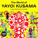 A colorful jigsaw puzzle titled 'The World of Yayoi Kusama' featuring vibrant illustrations inspired by the artist's signature polka dots. The puzzle includes 1000 pieces with whimsical characters and scenes, emphasizing Kusama's unique art style and creativity. The puzzle is published by Laurence King Publishing, with illustration by Laura Callaghan.