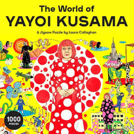 A colorful jigsaw puzzle titled 'The World of Yayoi Kusama' featuring vibrant illustrations inspired by the artist's signature polka dots. The puzzle includes 1000 pieces with whimsical characters and scenes, emphasizing Kusama's unique art style and creativity. The puzzle is published by Laurence King Publishing, with illustration by Laura Callaghan.