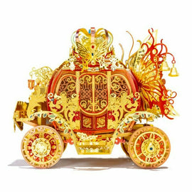 Intricate red and gold DIY model of a fancy princess carriage featuring detailed ornamental designs, butterfly accents, and decorative wheels, perfect for creative building.