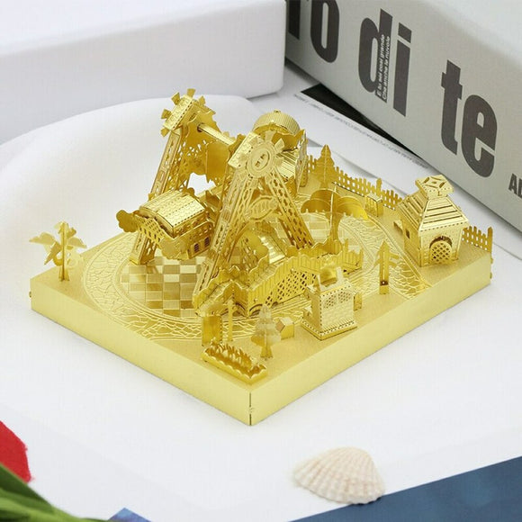 A detailed 3D mechanical puzzle of a golden amusement park featuring a Ferris wheel, tiny buildings, and decorative trees, all intricately designed to provide a rewarding assembly experience.