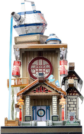 The Travel the World Tea House, a detailed DIY kit by Mu Model, showcases intricate architectural elements resembling a traditional tea house with multiple roofs, hanging lanterns, and decorative panels. This creative model features vibrant colors, a tea pot on top, and delicate designs, making it an eye-catching piece for any crafting enthusiast.