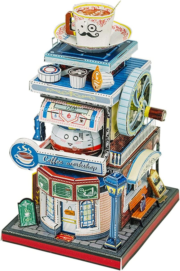 A beautifully detailed DIY kit of a coffee shop titled 'Travel the World Coffee Shop' by Mu Model, showcasing colorful architectural elements, a coffee cup on top, and intricate storefront designs, perfect for craft enthusiasts.