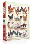 A jigsaw puzzle box featuring vintage illustrations of various poultry breeds. The design showcases detailed images of chickens, including species like Orpington and Brahma, surrounded by a decorative border. The puzzle contains 500 pieces and is part of the New York Puzzle Company's Vintage Collection.