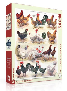 A jigsaw puzzle box featuring vintage illustrations of various poultry breeds. The design showcases detailed images of chickens, including species like Orpington and Brahma, surrounded by a decorative border. The puzzle contains 500 pieces and is part of the New York Puzzle Company's Vintage Collection.
