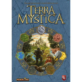 The cover of the board game 'Terra Mystica' by Capstone features a richly illustrated landscape with mountains, a forest, and a river. In the center, a bearded dwarf warrior stands holding a shovel, surrounded by colored tiles representing different terrains. The intricate border and artistic details highlight the fantasy theme of the game.