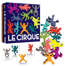Le Cirque is a colorful stacking puzzle by Gamewright featuring various circus-themed figures. It includes a vibrant box and cards depicting characters like Dancer, Monkey, and Crocodile. Great for enhancing creativity and spatial awareness while providing fun for all ages.