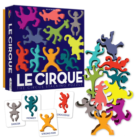 Le Cirque is a colorful stacking puzzle by Gamewright featuring various circus-themed figures. It includes a vibrant box and cards depicting characters like Dancer, Monkey, and Crocodile. Great for enhancing creativity and spatial awareness while providing fun for all ages.