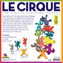 Le Cirque is a circus-themed stacking game featuring 10 colorful wooden figurines shaped like various circus characters, including lions, acrobats, and elephants. The game includes 10 cards that dictate the order in which players must stack the figurines. The objective is to balance the wooden figures to create a tower, emphasizing strategy and dexterity. Recommended for ages 6 and up, it's designed for 1 or more players.