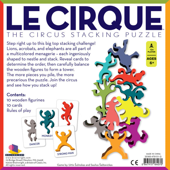 Le Cirque is a circus-themed stacking game featuring 10 colorful wooden figurines shaped like various circus characters, including lions, acrobats, and elephants. The game includes 10 cards that dictate the order in which players must stack the figurines. The objective is to balance the wooden figures to create a tower, emphasizing strategy and dexterity. Recommended for ages 6 and up, it's designed for 1 or more players.