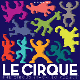 Le Cirque is a colorful stacking puzzle featuring various playful animal and human shapes in vibrant colors like pink, orange, green, and blue, set against a dark background. The pieces are designed for imaginative play, promoting dexterity and problem-solving skills.