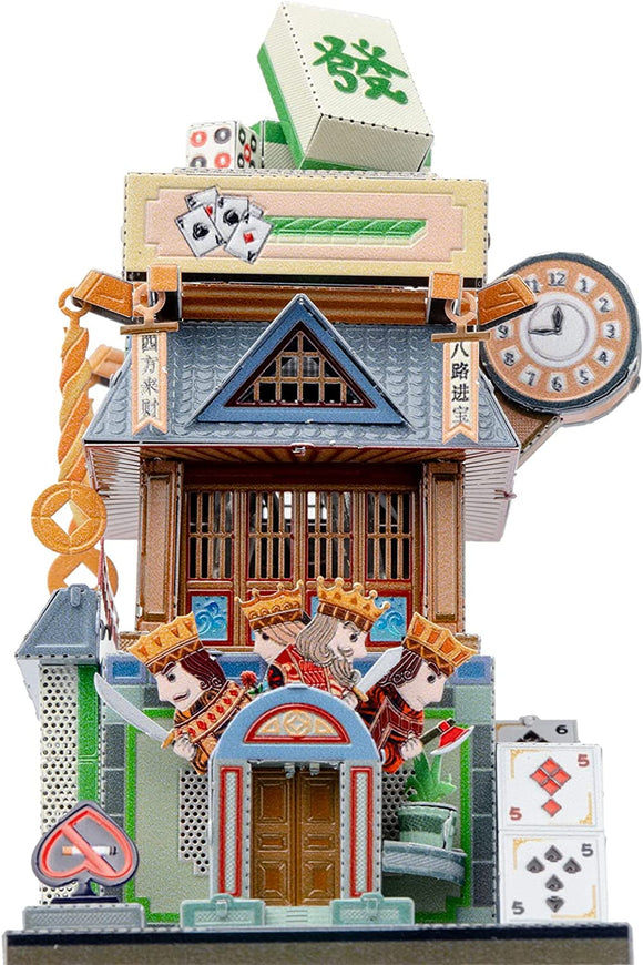 The Travel the World Card Room is a vibrant DIY kit by Mu Model, featuring intricately designed card-themed architectural elements, including a clock, dice, and play cards. The colorful assembly showcases characters in royal attire and additional decorative features, perfect for hobbyists and craft enthusiasts.