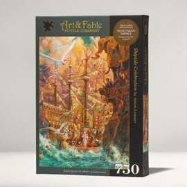 The Shipside Celebration jigsaw puzzle by Art & Fable Puzzle Co features a vibrant and detailed illustration of a festive scene on a ship, surrounded by birds and water. The box highlights that it contains 750 pieces and has a velvet-touch surface for a premium feel.