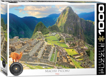 Eurographics Machu Picchu Jigsaw Puzzle featuring a beautiful scenic view of the ancient Incan city, set against lush green mountains and a blue sky. The puzzle includes 1000 pieces and depicts intricate details of the ruins and surrounding landscape, making it perfect for puzzle enthusiasts and nature lovers alike.