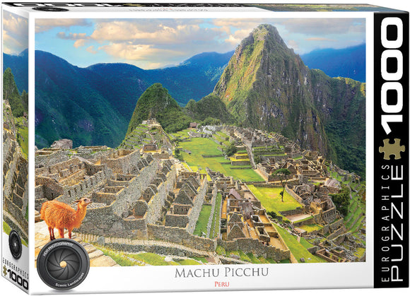 Eurographics Machu Picchu Jigsaw Puzzle featuring a beautiful scenic view of the ancient Incan city, set against lush green mountains and a blue sky. The puzzle includes 1000 pieces and depicts intricate details of the ruins and surrounding landscape, making it perfect for puzzle enthusiasts and nature lovers alike.