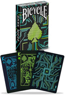Bicycle Dark Mode playing cards featuring a sleek box design with neon circuit patterns. The cards display unique graphics with glowing edges, including a King card that showcases innovative and futuristic designs.