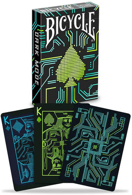 Bicycle Dark Mode playing cards featuring a sleek box design with neon circuit patterns. The cards display unique graphics with glowing edges, including a King card that showcases innovative and futuristic designs.