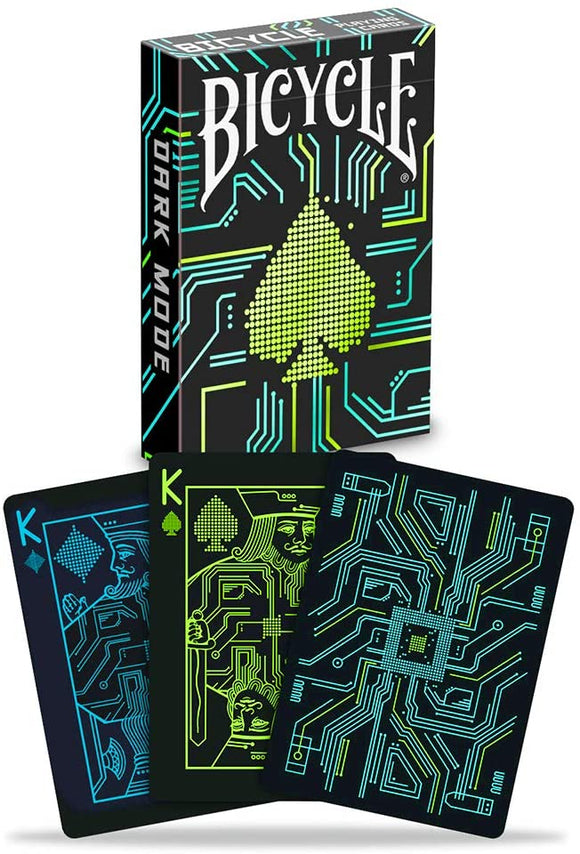Bicycle Dark Mode playing cards featuring a sleek box design with neon circuit patterns. The cards display unique graphics with glowing edges, including a King card that showcases innovative and futuristic designs.