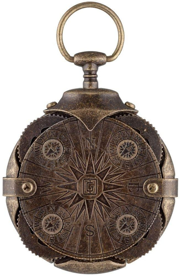 The Cryptix Compass Lock by Steampunk Junkies is a mechanical puzzle designed to resemble an antique compass. It features intricate engravings of directional points (N, S, E, W) and a beautifully crafted metal frame with a central locking mechanism. Perfect for puzzle enthusiasts and collectors, this lock combines art and challenge in a unique design.
