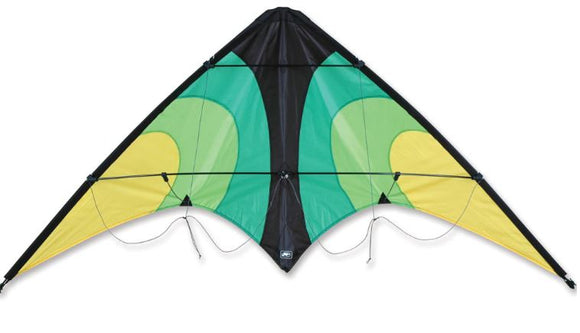 The Lightning Emerald Sport Kite features a vibrant design with a mix of green and yellow colors on its nylon fabric. The aerodynamic shape enhances stability and performance, making it perfect for outdoor fun. It includes dual control handles and is suitable for beginners and experienced flyers alike, providing a thrilling flying experience in various wind conditions.
