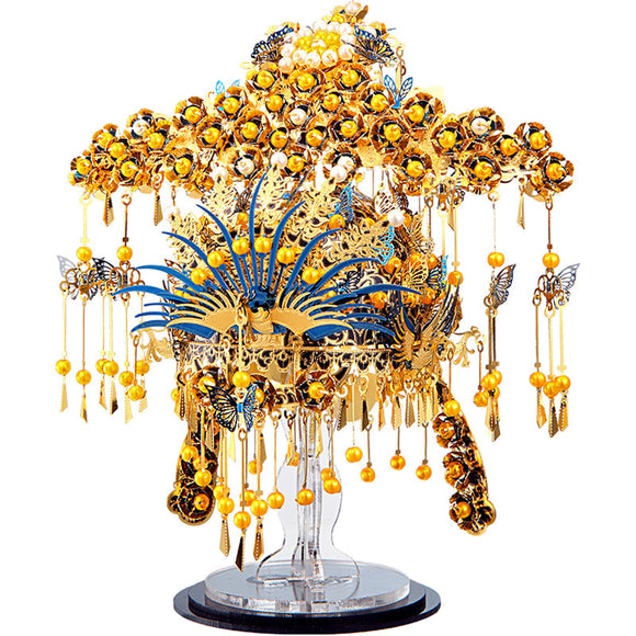 The Phoenix Coronet by Piececool is a stunning DIY kit featuring intricate gold and blue details. This beautiful piece showcases a crown adorned with yellow beads and butterflies, supported by a clear display stand. Perfect for craft enthusiasts, it combines art and engineering for a satisfying build experience.