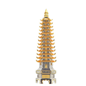 A detailed, metallic DIY model of Wenchang Tower by Piececool, featuring ornate layers with intricate design and a golden tip. The impressive structure showcases both craftsmanship and artistic flair, ideal for model building enthusiasts.