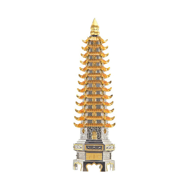 A detailed, metallic DIY model of Wenchang Tower by Piececool, featuring ornate layers with intricate design and a golden tip. The impressive structure showcases both craftsmanship and artistic flair, ideal for model building enthusiasts.
