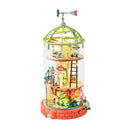 A beautifully detailed Domed Loft Model Kit by Robotime, showcasing a colorful design with layered floors, a miniature wind vane, and decorative plants inside a transparent dome, perfect for DIY enthusiasts.