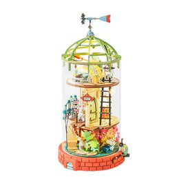 A beautifully detailed Domed Loft Model Kit by Robotime, showcasing a colorful design with layered floors, a miniature wind vane, and decorative plants inside a transparent dome, perfect for DIY enthusiasts.