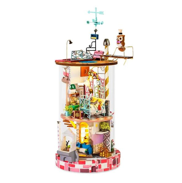 A beautifully crafted Bloomy House Model Kit by Robotime, featuring intricate design elements including colorful furniture, decorative plants, and a whimsical atmosphere. The kit is designed as a DIY project that lights up, showcasing its layers and charming details, perfect for both young and adult enthusiasts.