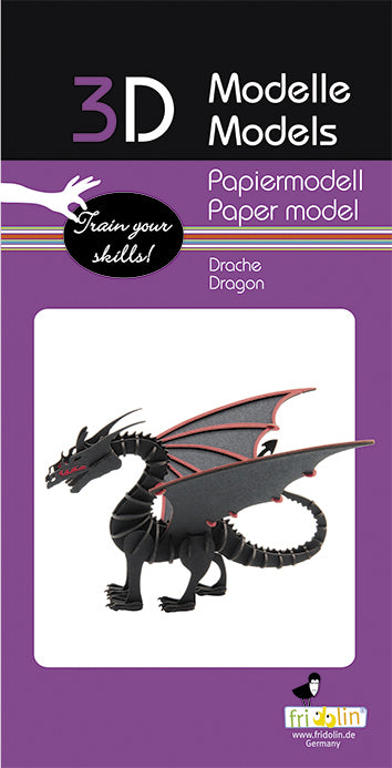A 3D paper model kit of a dragon, featuring intricate black and red designs. The packaging highlights its DIY nature, encouraging creativity and skill development. Ideal for crafting enthusiasts and hobbyists looking to build an eye-catching dragon figure.