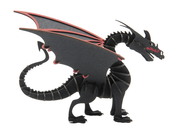 A stunning 3D paper model of a dragon, crafted in black and dark red. The dragon features intricate cut-outs and an impressive wing structure, showcasing a fierce expression with sharp teeth and detailed scales. Its long, coiled tail adds depth, making it a captivating DIY kit for creative enthusiasts.