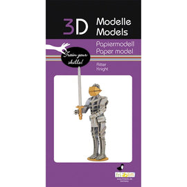 3D Paper Model Knight DIY kit by fridolin. Features a knight figurine in armor holding a sword, displayed on a purple and black packaging with educational graphics.