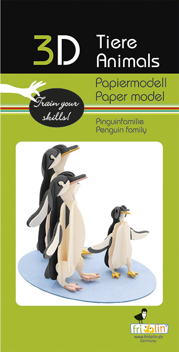3D Paper Model Penguin Family DIY kit featuring three penguin figures standing on a blue base, designed by fridolin. Perfect for crafting and boosting creativity.