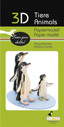 3D Paper Model Penguin Family DIY kit featuring three penguin figures standing on a blue base, designed by fridolin. Perfect for crafting and boosting creativity.