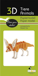 A 3D paper model of a Desert Fox, intricately designed in orange and cream colors, showcasing a detailed structure that highlights the animal's unique features. This DIY kit by fridolin offers an engaging crafting experience for all ages, perfect for enhancing creativity and fine motor skills.
