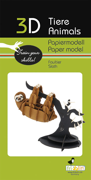 3D Paper Model Sloth DIY kit by fridolin, featuring a detailed sloth hanging from a branch. This intricate paper model encourages creativity and dexterity, perfect for young and adult crafters alike.