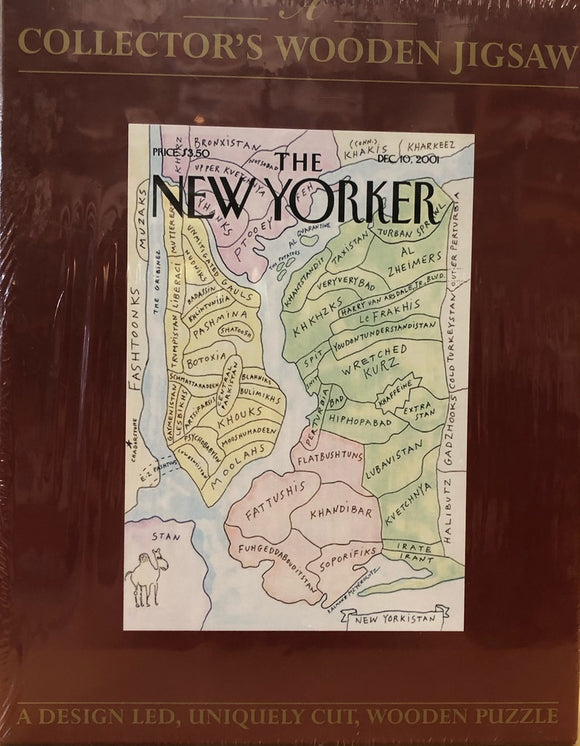 A collector's wooden jigsaw puzzle featuring a whimsical map titled 'The New Yorker.' The map illustrates fictional regions such as 'Bronxistan' and 'New Yorkistan,' highlighting humorous names in a colorful design. The puzzle is sealed with a clear protective wrapping, and the packaging displays a rich brown background with gold lettering.