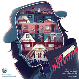 The Initiative is a cooperative board game by Unexpected Games, featuring a vibrant design illustrating characters and settings from its unique gameplay. The image showcases a character silhouette with various rooms and figures, emphasizing strategy, story, and codebreaking elements for 1-4 players.