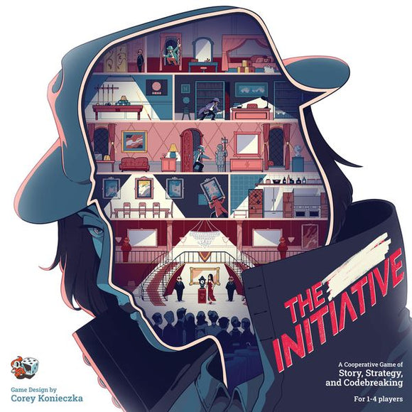 The Initiative is a cooperative board game by Unexpected Games, featuring a vibrant design illustrating characters and settings from its unique gameplay. The image showcases a character silhouette with various rooms and figures, emphasizing strategy, story, and codebreaking elements for 1-4 players.