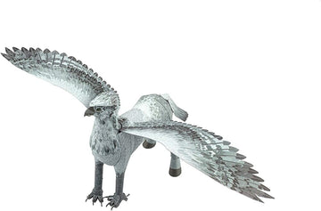 A detailed metal model of Buckbeak, a mythical creature resembling a griffin, with wide, outstretched wings and intricate detailing on its feathers, standing on a flat surface. The model showcases impressive craftsmanship and is made of metal, perfect for fans of fantasy and DIY projects.