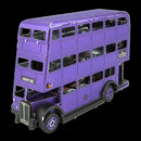 A detailed model of the Knight Bus made by Fascinations, showcasing its iconic purple double-decker design. The model features intricate cutouts and interior details, perfect for DIY enthusiasts and collectors alike.