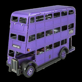 A detailed model of the Knight Bus made by Fascinations, showcasing its iconic purple double-decker design. The model features intricate cutouts and interior details, perfect for DIY enthusiasts and collectors alike.