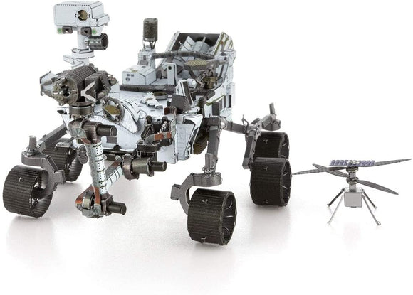 A detailed metal model kit of the Mars Rover Perseverance, showcasing intricate mechanical components and textures. The model includes a helicopter drone, illustrating a realistic design for DIY enthusiasts and space exploration fans.