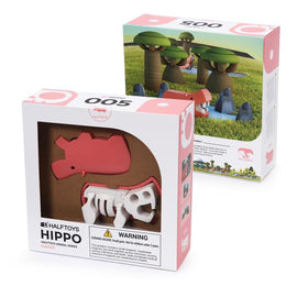 Halftoys Hippo by LearnPlay Inc, featuring a colorful toy set that includes a hippo figure sculpted in red and white. The packaging showcases a whimsical design with playful illustrations, emphasizing the unique animal series. Ideal for imaginative play and educational purposes.