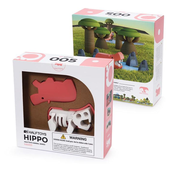 Halftoys Hippo by LearnPlay Inc, featuring a colorful toy set that includes a hippo figure sculpted in red and white. The packaging showcases a whimsical design with playful illustrations, emphasizing the unique animal series. Ideal for imaginative play and educational purposes.